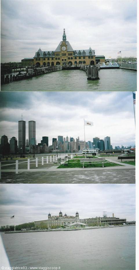 Brick railroad terminal, skyline with Twin Towers and Ellis Island