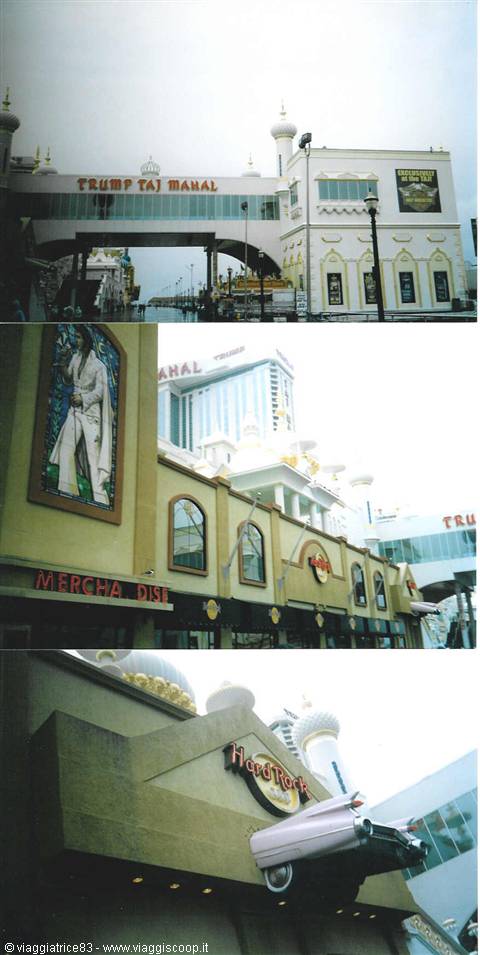 Trump Taj Mahal facade and Hard Rock sign with pink Cadillac