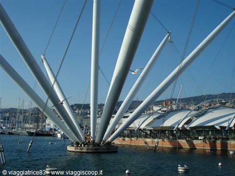 The Bigo by Renzo Piano with its white masts at Genoa's Porto Antico