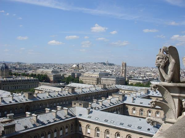 Notre-Dame gargoyle overlooking Paris rooftops, Montmartre in the distance