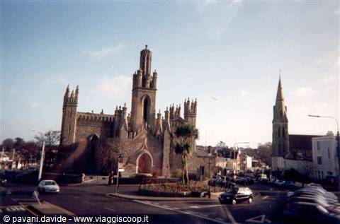 gray stone gothic cathedral, cars and palm trees under blue sky
