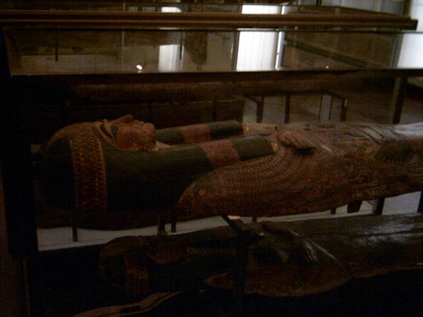 Painted wooden sarcophagus displayed in a glass case at the Egyptian museum