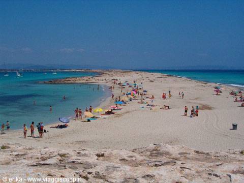 White sand beach with bathers and umbrellas, turquoise water, Ses Illetes, Formentera