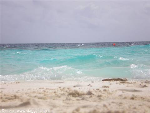 Turquoise waves breaking on white sand under a grey sky