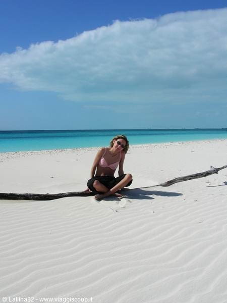 Woman sitting on driftwood log, white sand and turquoise sea