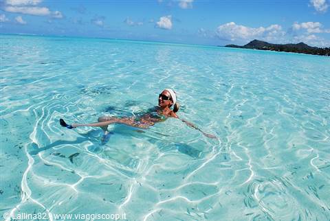 Woman in hat and sunglasses floats in clear turquoise water, green island behind