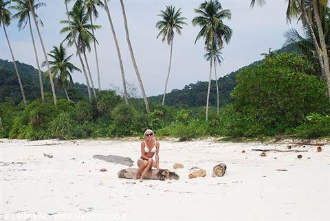 Woman in bikini sitting on a log, white beach with palms and green hills