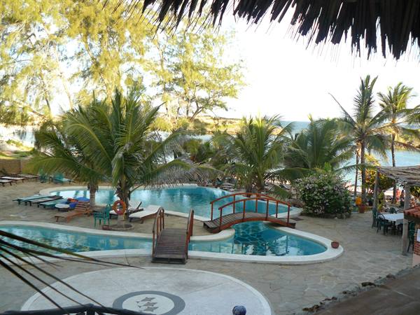 Pool with wooden bridges among palms and loungers, ocean in the background