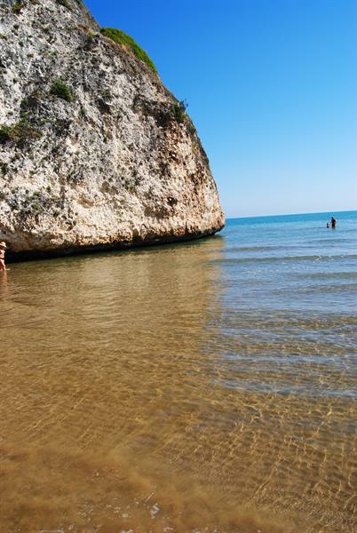 Limestone cliff rising over clear sea, swimmers in shallow waves under blue sky