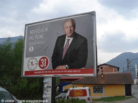 Peja or Pec: poster of Pacolli former president and husband of Anna Oxa