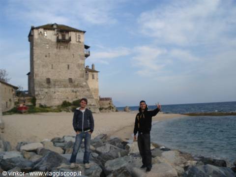 Ourianoupoli: Stratus and Sotiris two greek friends near the tower
