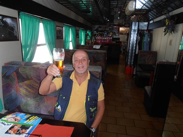 a stop at a buffet inside a railway carriage