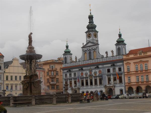 the town hall and fountain of Ceske Budejovice