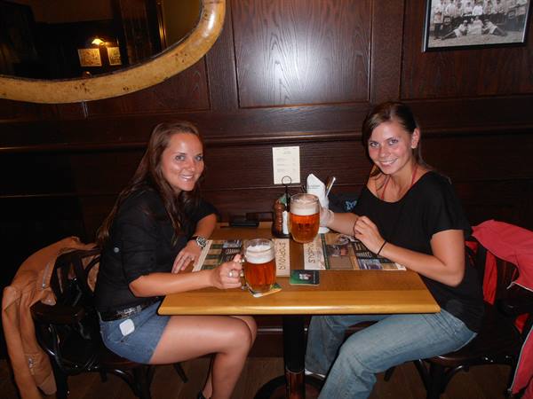 two beautiful Czech girls in a beer hall in Brno