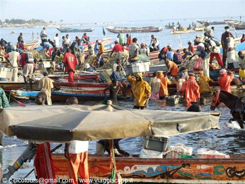 Busy fish market on the beach with colorful wooden pirogues and fishermen