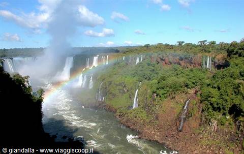 Rainbow over Iguazú Falls, water spray and lush green forest