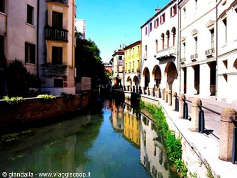 Green canal flanked by colorful arcaded buildings in sunny Treviso