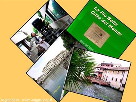 Photo collage of Treviso: canal Buranelli, stone bridge and green book cover
