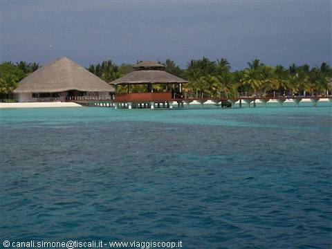 Thatched pavilion on stilts over turquoise water, palm trees behind