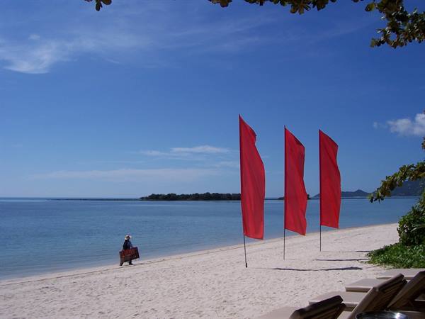 Three red flags on white sand, woman carrying basket walks along calm sea