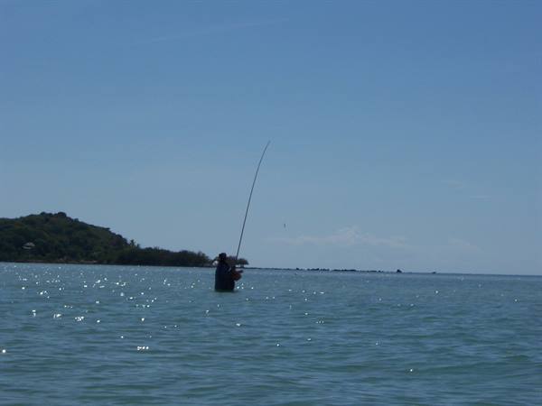 Fisherman standing in the sea with rod, green island behind