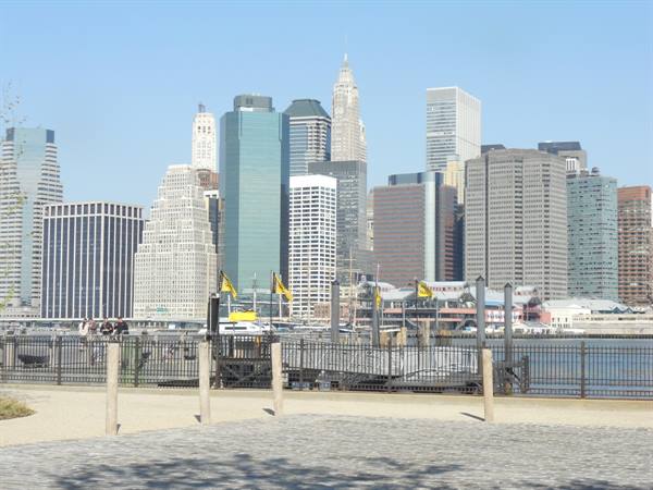 Manhattan skyscrapers seen from the Brooklyn Bridge Park waterfront