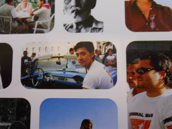 Collage of printed photos, smiling man in vintage blue convertible