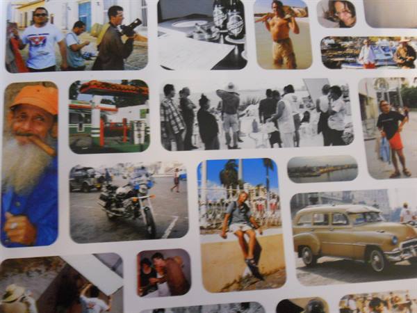 Travel photo collage: vintage American car, motorcyclist, street scenes in Havana
