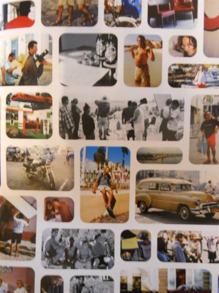 Collage of printed photos: motorcyclist, vintage car, people in the street