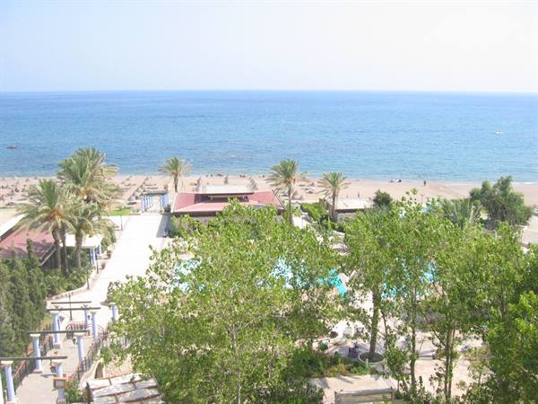 Pool, palm trees and umbrellas overlooking a sandy beach and blue sea