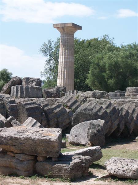 Single Doric column standing among fallen drums, Olympia