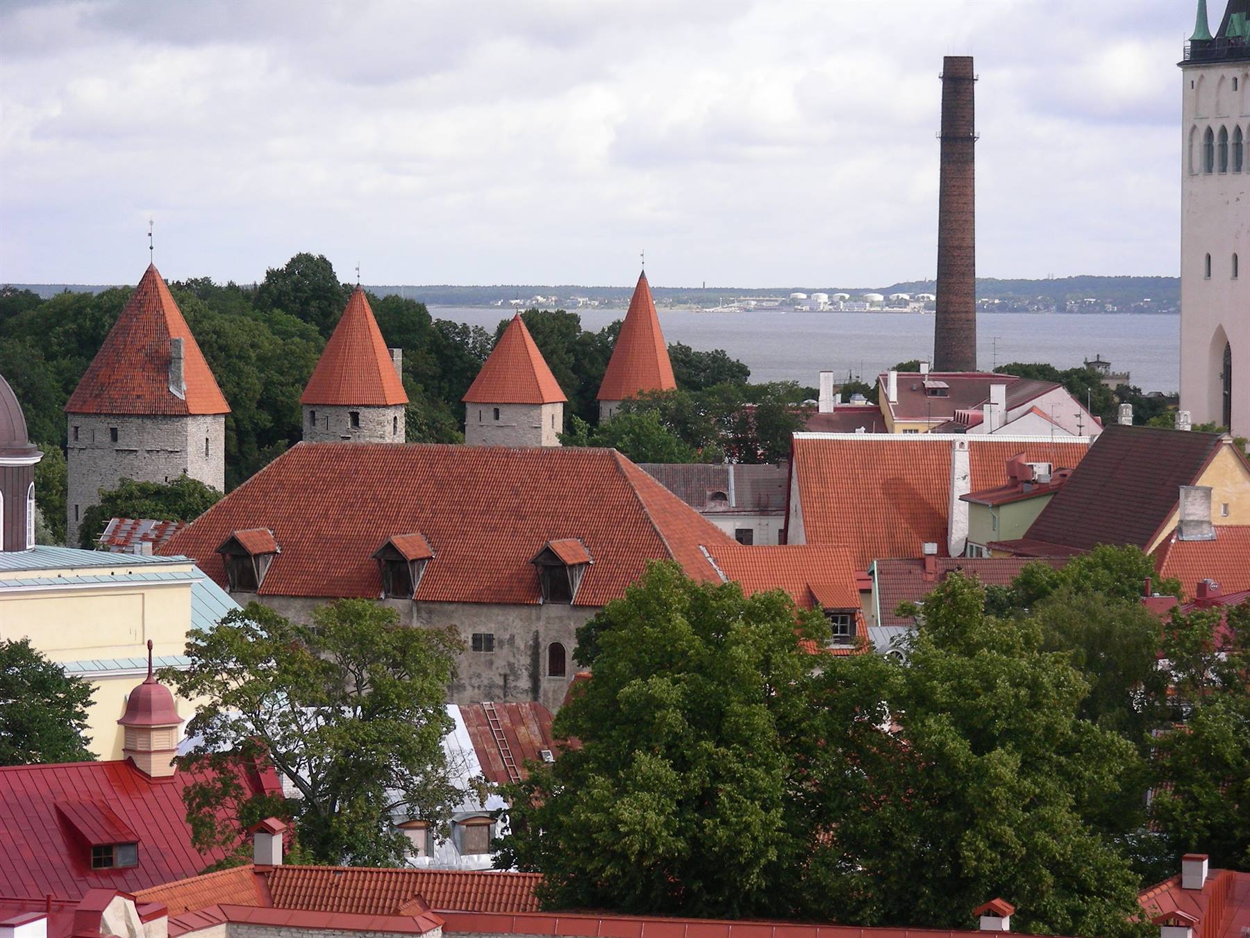 Medieval towers with red roofs on Tallinn's walls, sea in the distance