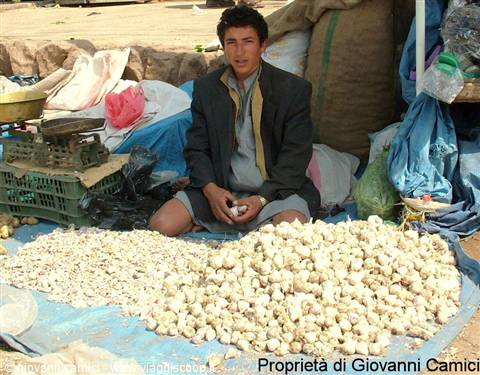 Young vendor sitting behind piles of garlic at an open-air market