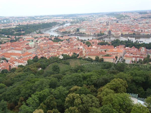 Red rooftops of Prague, Vltava river and bridges seen from Petřín under grey sky