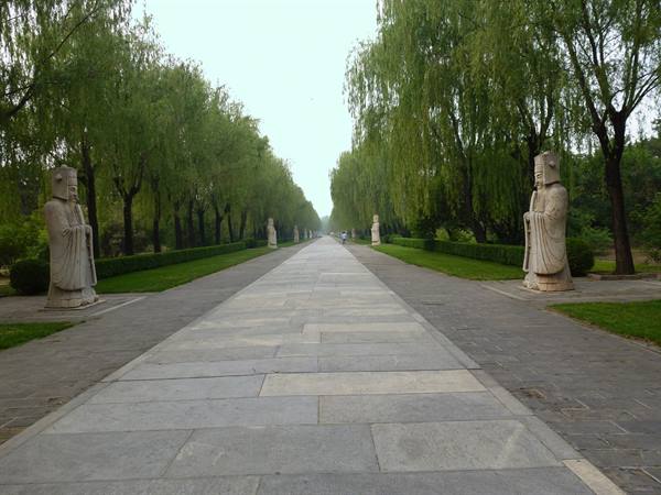 Stone statues lining the Sacred Way among willows, Ming Tombs