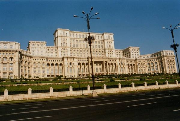 The Palace of Parliament in Bucharest, white marble under a blue sky