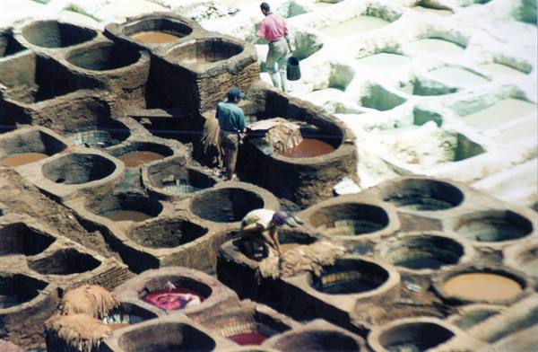 Workers dyeing leather in stone vats, Chouara tannery, Fes