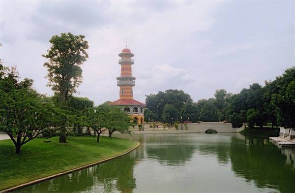 Observatory tower and white bridge over the pond, Bang Pa-In royal palace