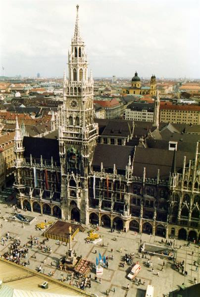 The Gothic New Town Hall overlooks Marienplatz, crowd filling the square