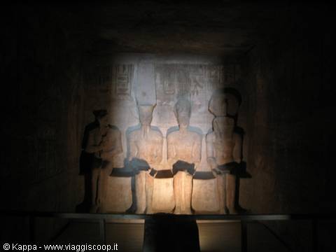 The statue of the deified RAMSES II, together with the gods HARMAKHIS, AMON-RA and PTAH in the sanctuary