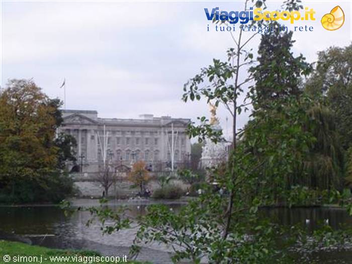 Buckingham Palace seen across the lake in St James's Park among autumn trees
