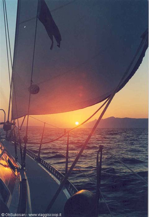 White sail of a sailboat against the low sun over the sea