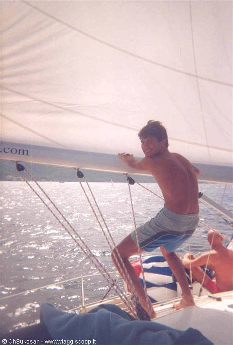 Young man in blue shorts climbing the mast of a sailboat