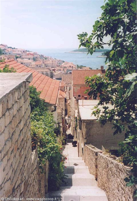 Stone stairs between walls and red roofs down to the sea, Hvar