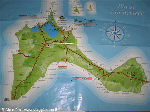 Illustrated map of Formentera island with roads, beaches and compass rose