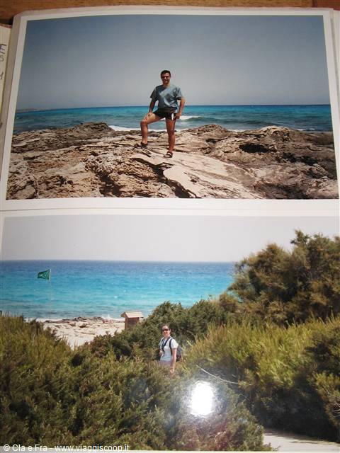 Man standing on coastal rocks and woman on sandy beach with turquoise sea
