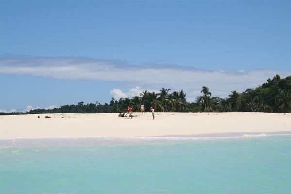 People walking on white sand beach with palms and turquoise water