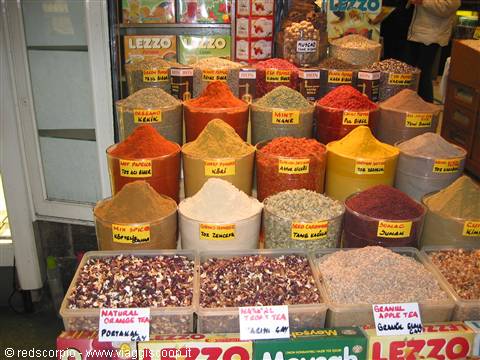 Colorful spice buckets and teas at Istanbul's Egyptian Spice Bazaar