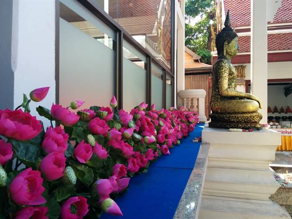 Golden Buddha statue among pink lotus flowers in a temple courtyard