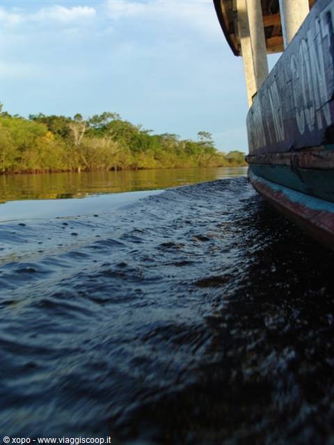 Wooden boat cutting through dark river water along the Amazon rainforest